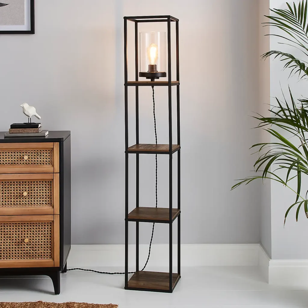 floor shelf with a lamp. Small Bedroom Organisation Ideas