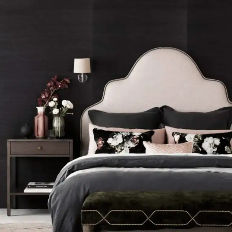 Black bedroom with a cream padded headboard. Make Your Bedroom Look Expensive