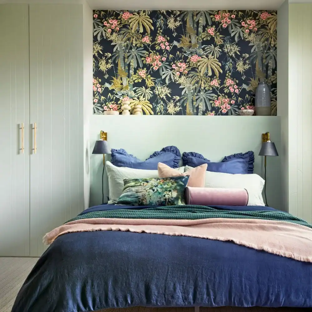 Floral feature wall in a bedroom