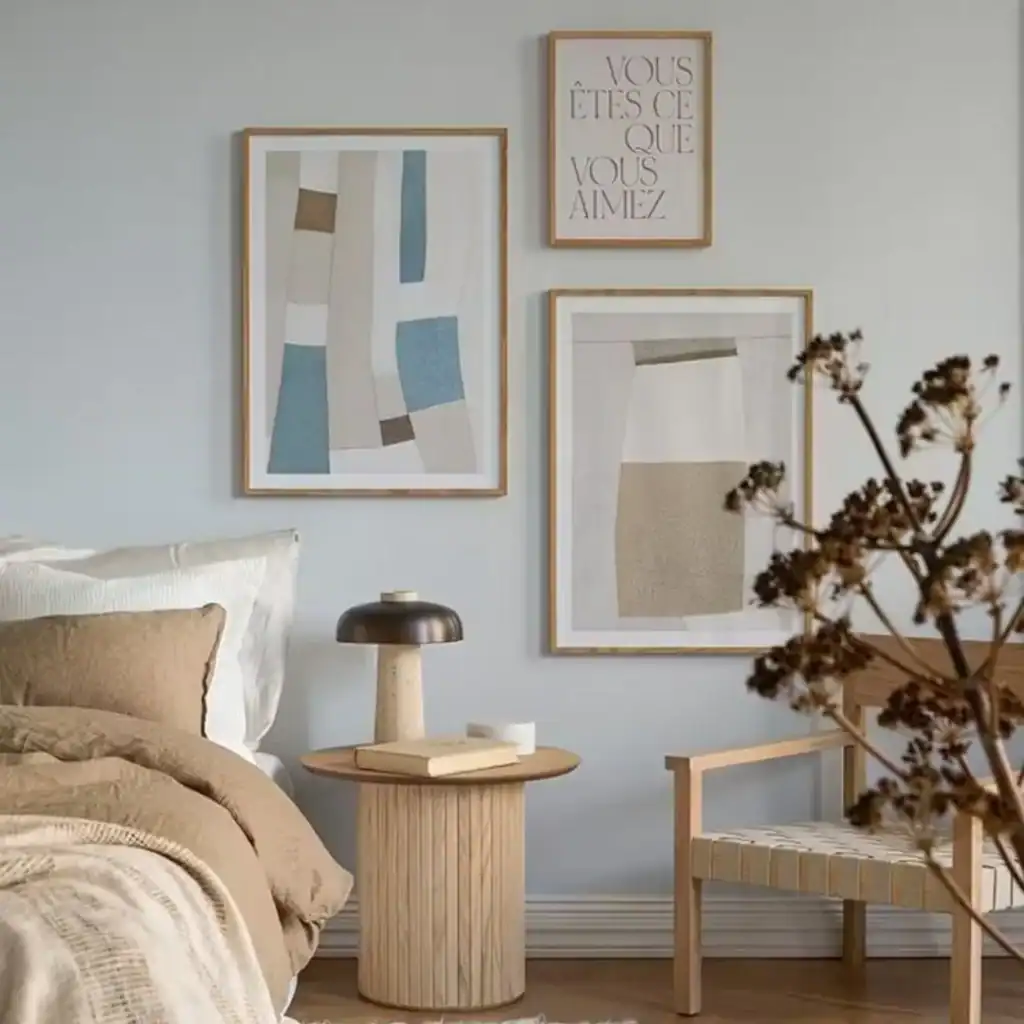 Neutral wall art in a bedroom