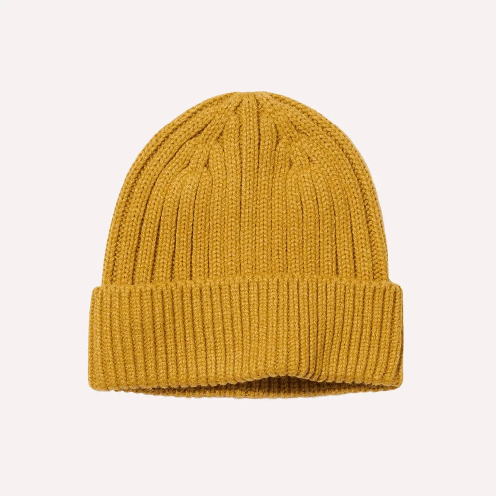 yellow ribbed beanie hat. Autumn Staples