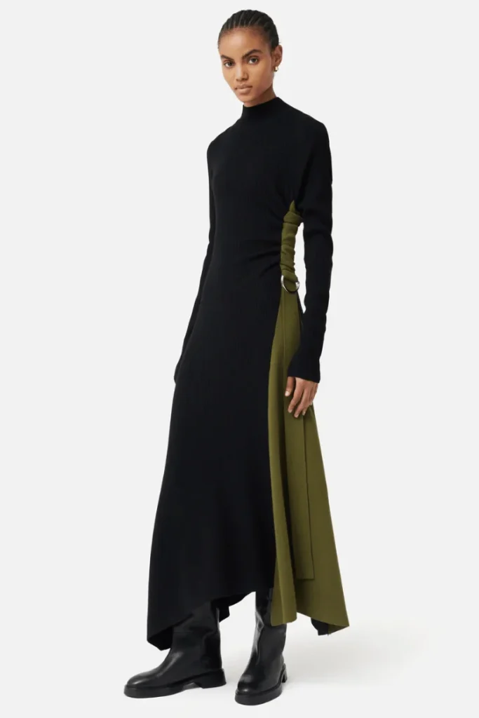 Model wears black and green maxi knit dress. best knitted dresses