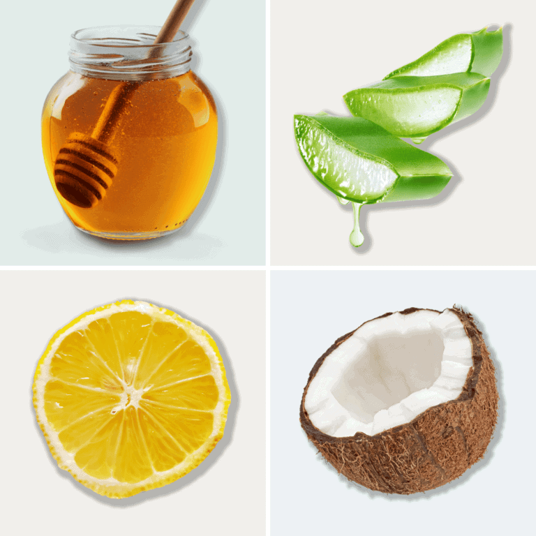 collage of ingredients for a DIY hair mask for dry itchy scalp