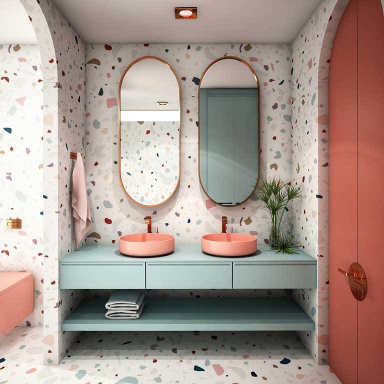 blue and orange bathroom with terrazzo tiles