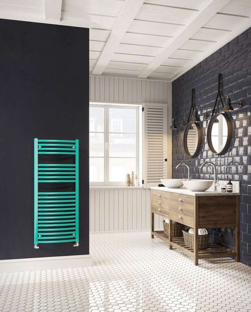 teal towel radiator in a bathroom. Colourful bathroom ideas