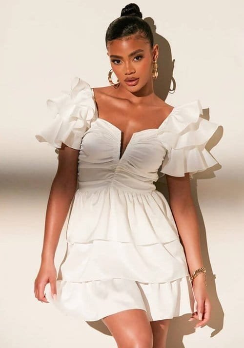 Model wears White Woven V Bar Frill Skater Dress. Best Casual White Summer Dresses