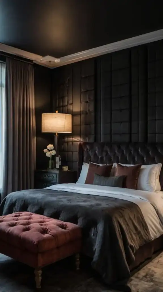 bedroom with dark padded walls. Dark And Moody Bedroom Ideas