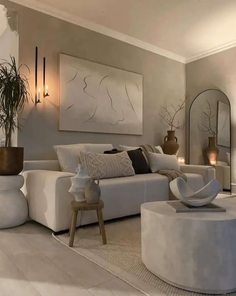 contemporary living room with a large floor mirror