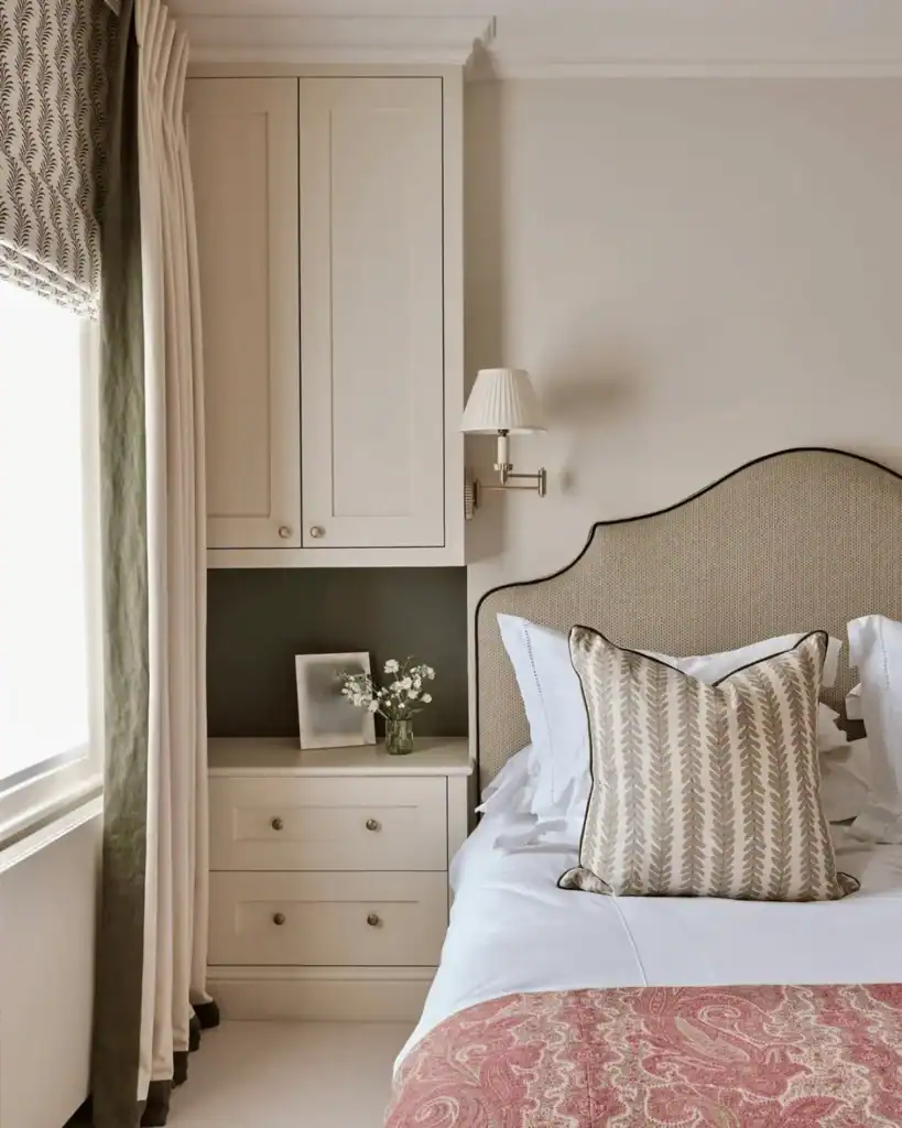 neutral bedroom with a brass wall sconce. mood-boosting decor ideas