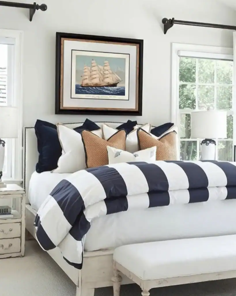 beachy bedroom with striped accent