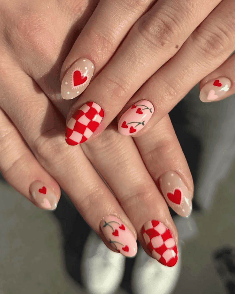 checkerboard and hearts red nails. Valentine's Day Nail Ideas