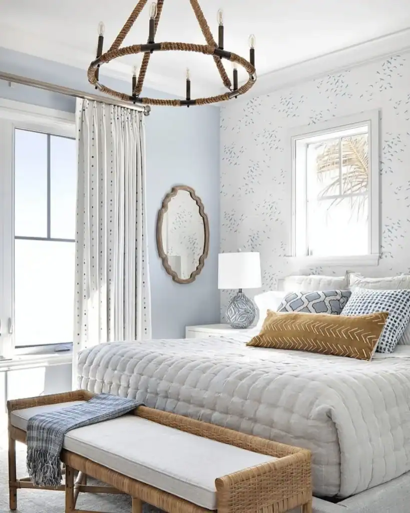 coastal bedroom idea with a rope lightshade