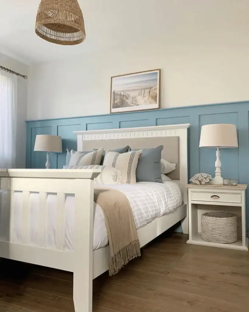 coastal bedroom with blue panelling