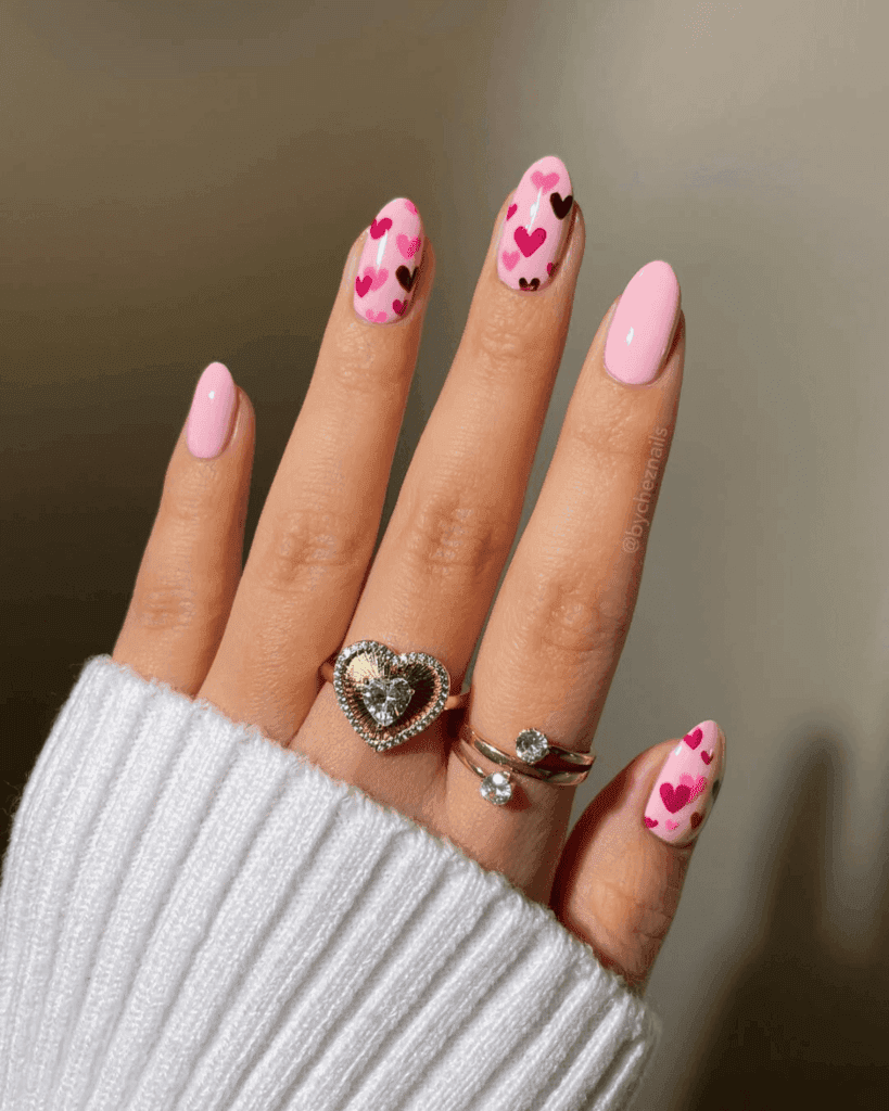 mixed pink hearts nails. Valentine's Day Nail Ideas