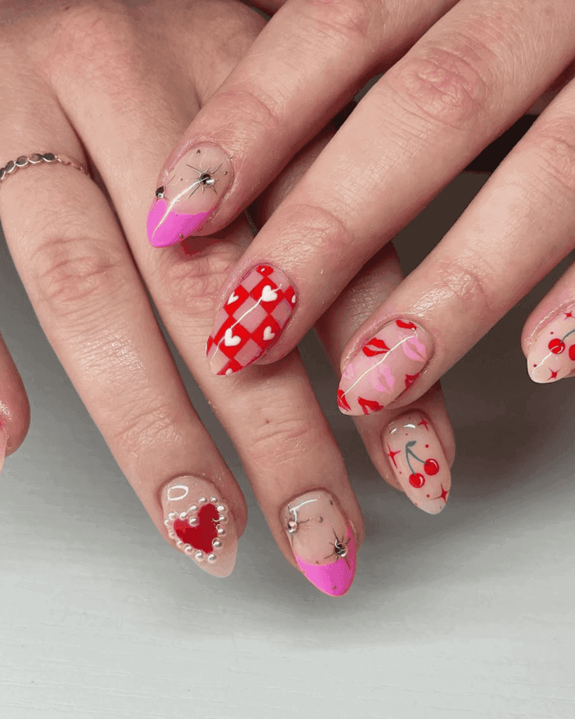 mixed valentine's day nail with checkerboard, cherry and heart designs. Valentine's Day Nail Ideas
