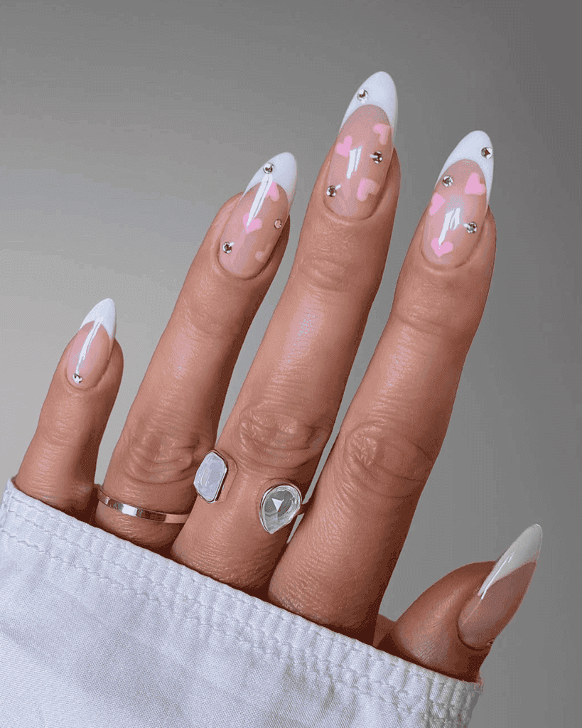 white tips nails with baby pink heart and diamantes
