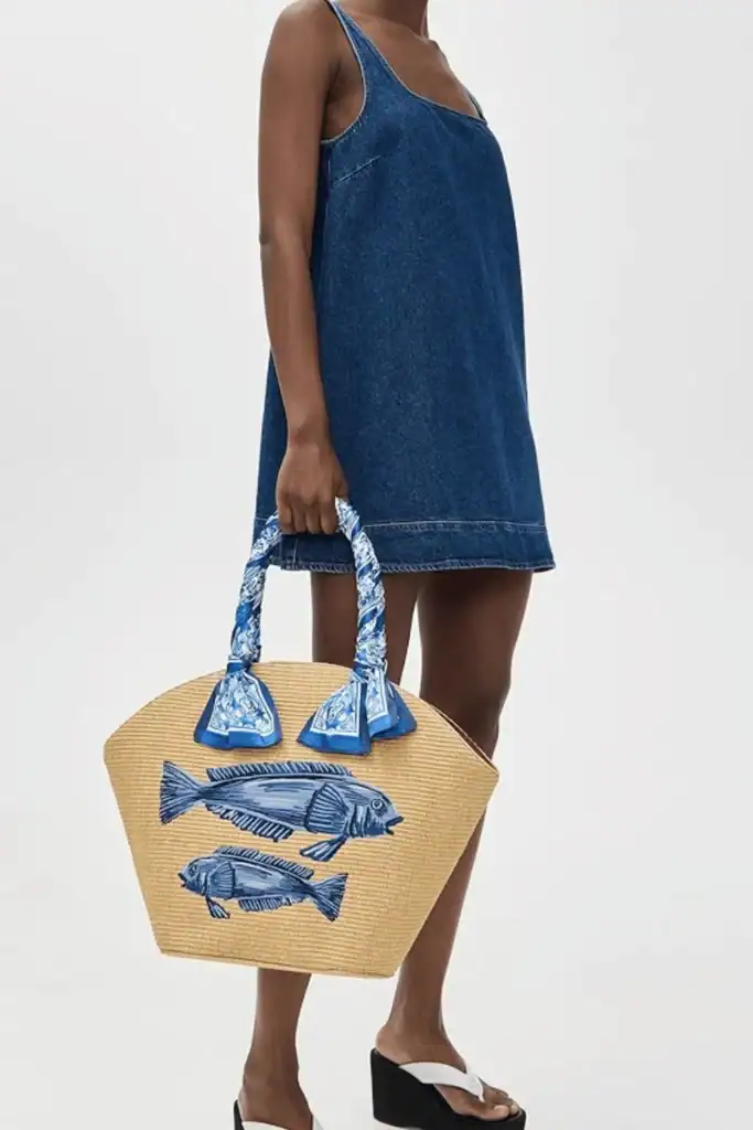 Blue Garden Tiles Raffia Shell Tote from Farm Rio