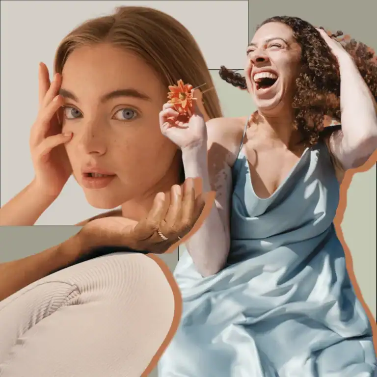 Collage-of-a-woman-touching-her-face.-Another-woman-laughing-holding-a-flower-and-cropped-image-of-a-person-meditating.-Saturday-self-care-ideas