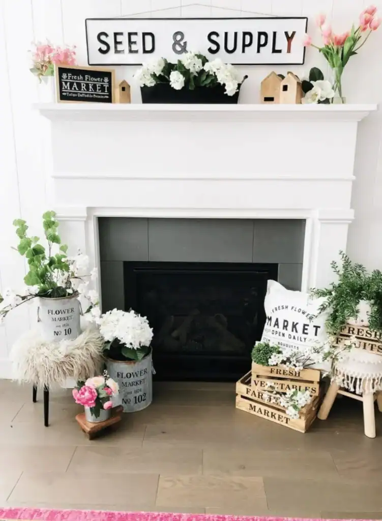 Flower market summer mantel decor