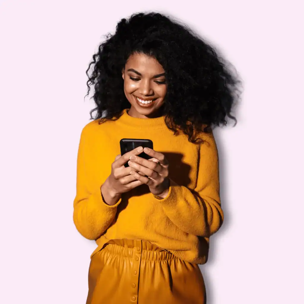 Smiling-Happy-Beautiful-Black-Woman-Using-Mobile-Phone.-Good-Morning-and-Love-Quotes