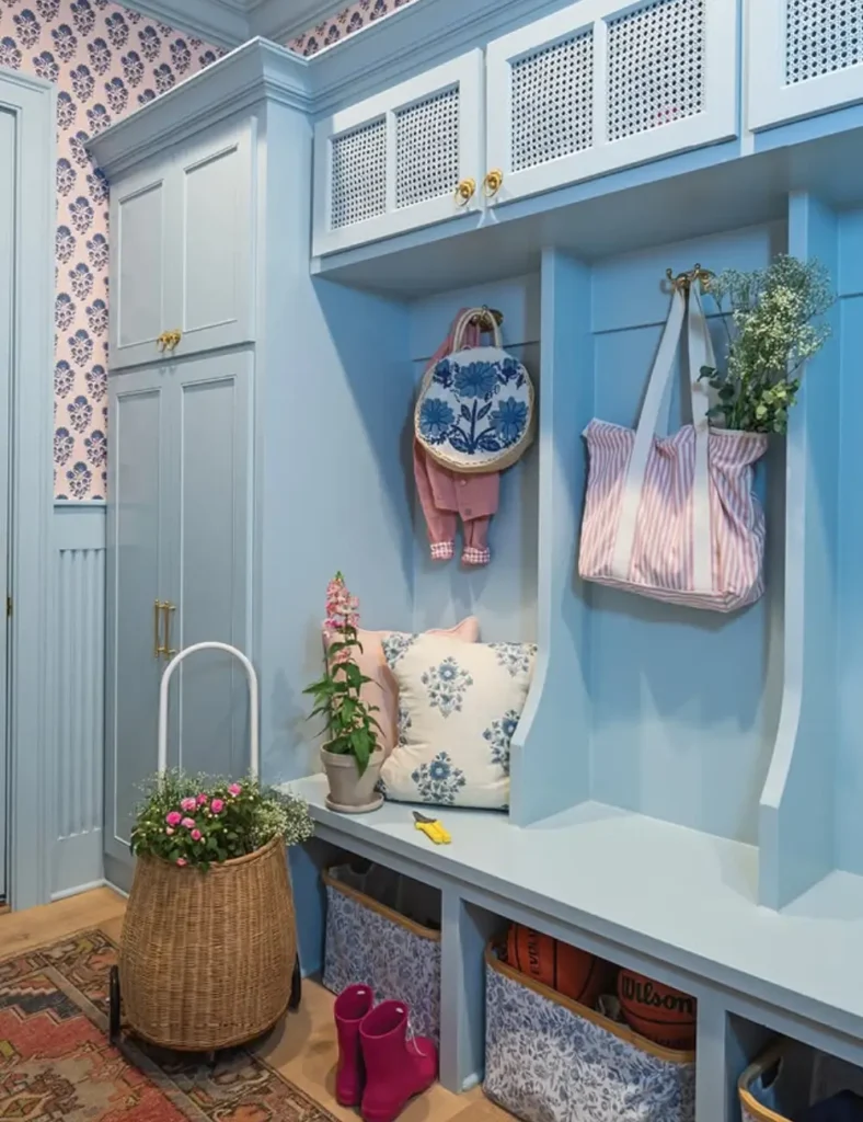 Spring mudroom with pastel florals
