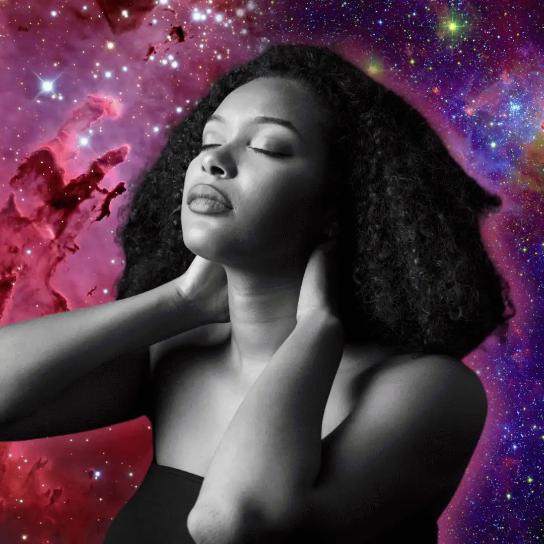 The O Method. Woman with her eyes closed touching her neck. Cosmic universe background