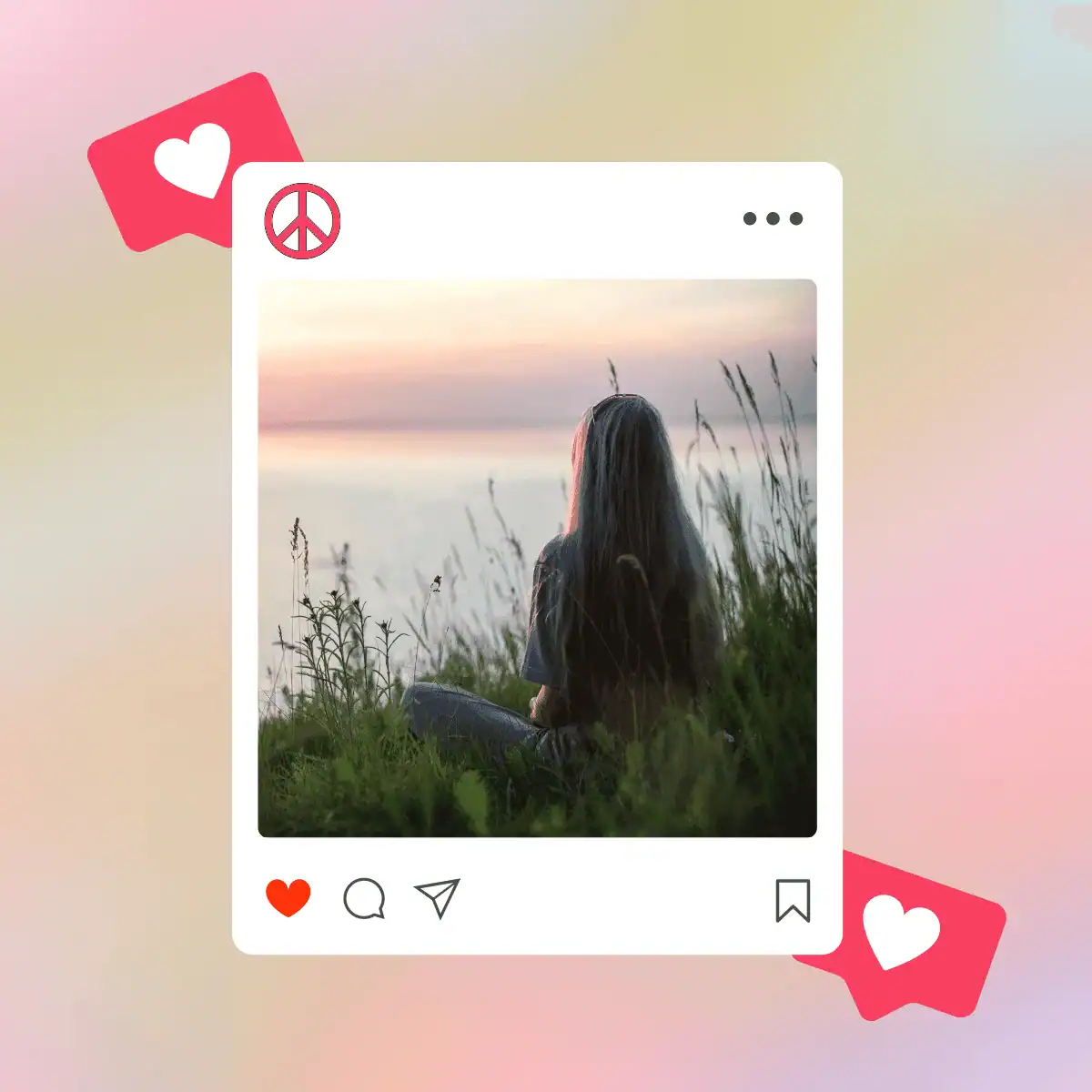 Woman Sitting on Grass During Sunset. Image is inside a Instagram post frame. Illustrating Peaceful captions for Instagram