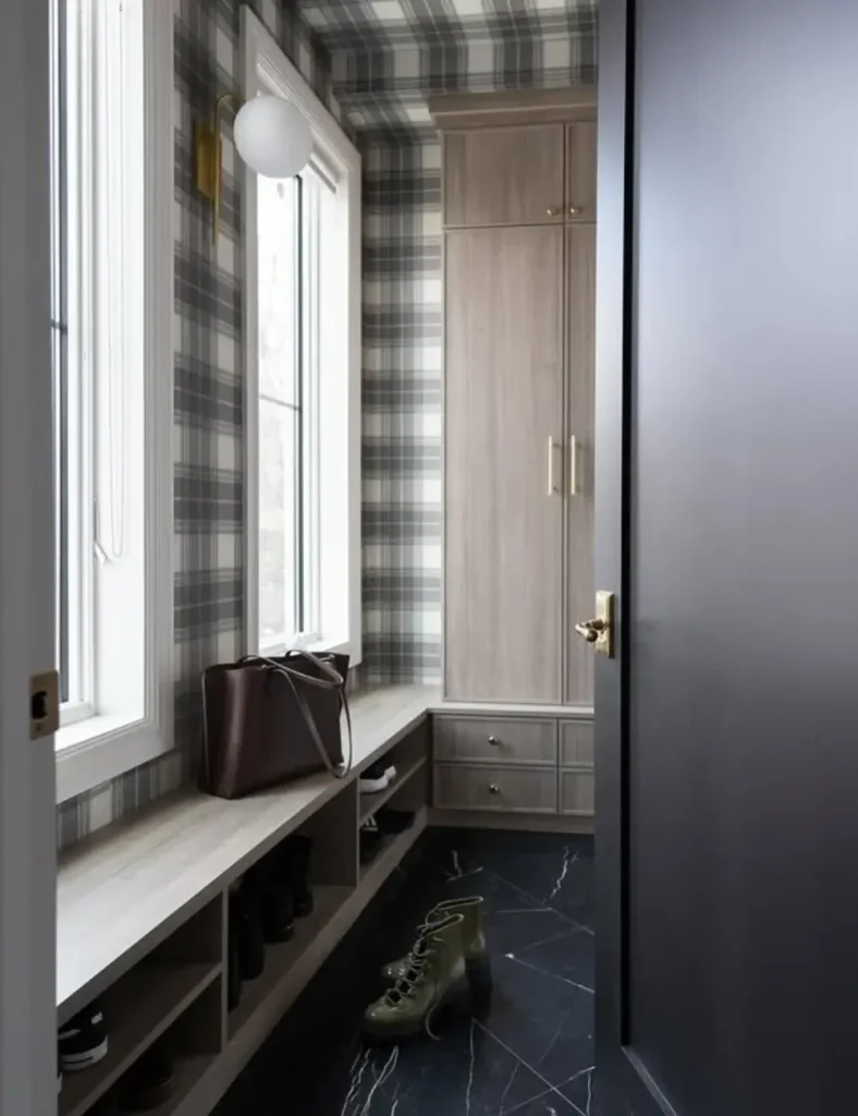 plaid wallpaper diy mudroom ideas