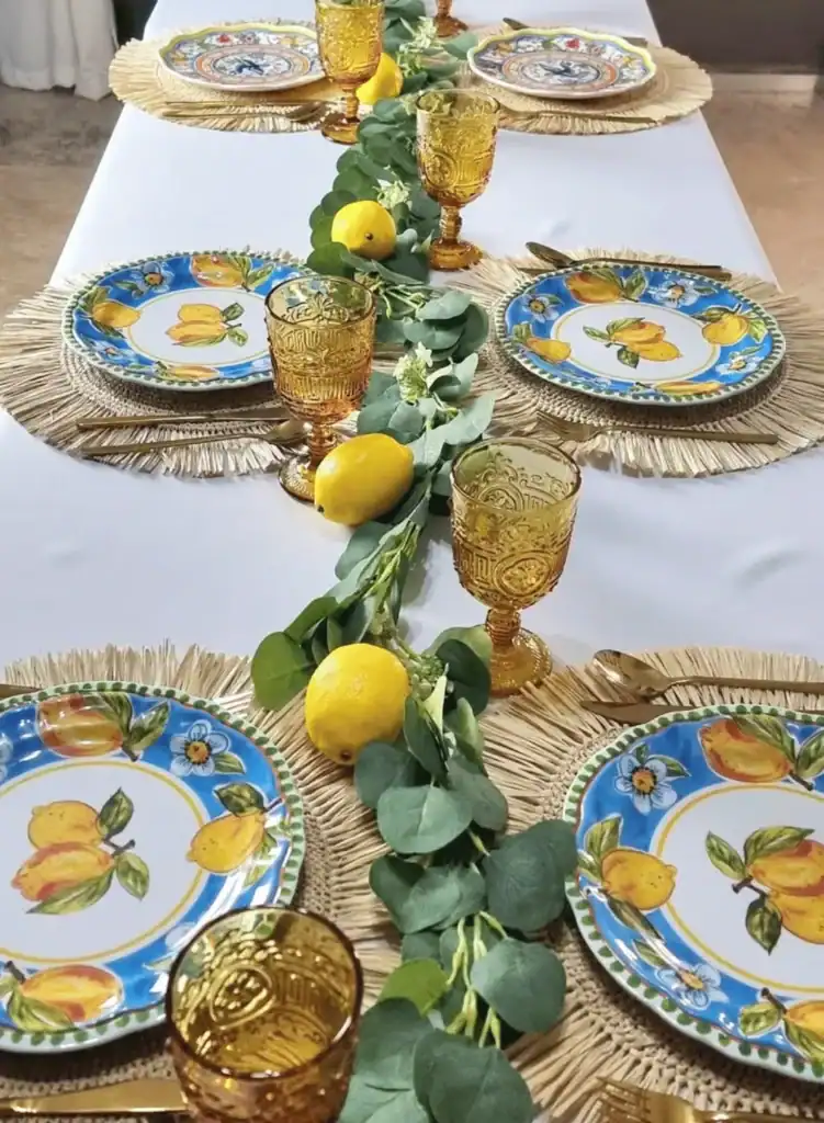 A table set with plates and place settings.