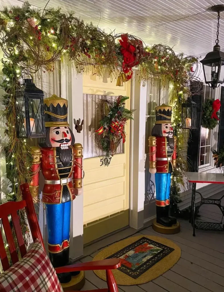 Christmas Front Porch Ideas with two big nutcracker statues