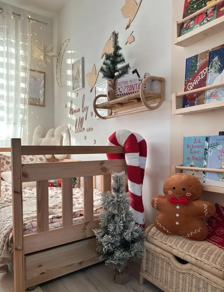 Christmas Kids’ Bedroom Idea with large candy cane cushion