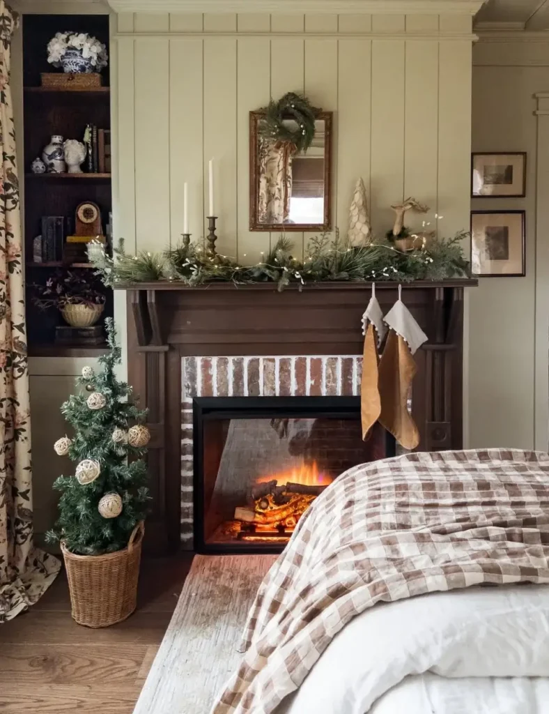 christmas bedroom with a fireplace