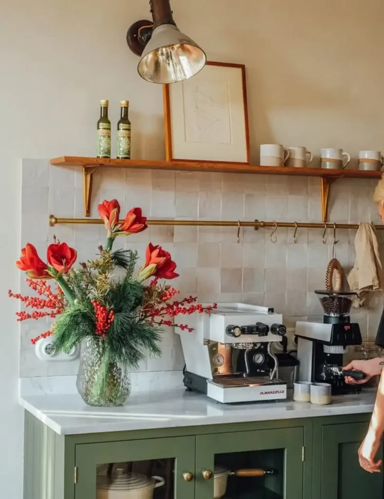 Modern Coffee Bar Idea with summery bouquet of flowers
