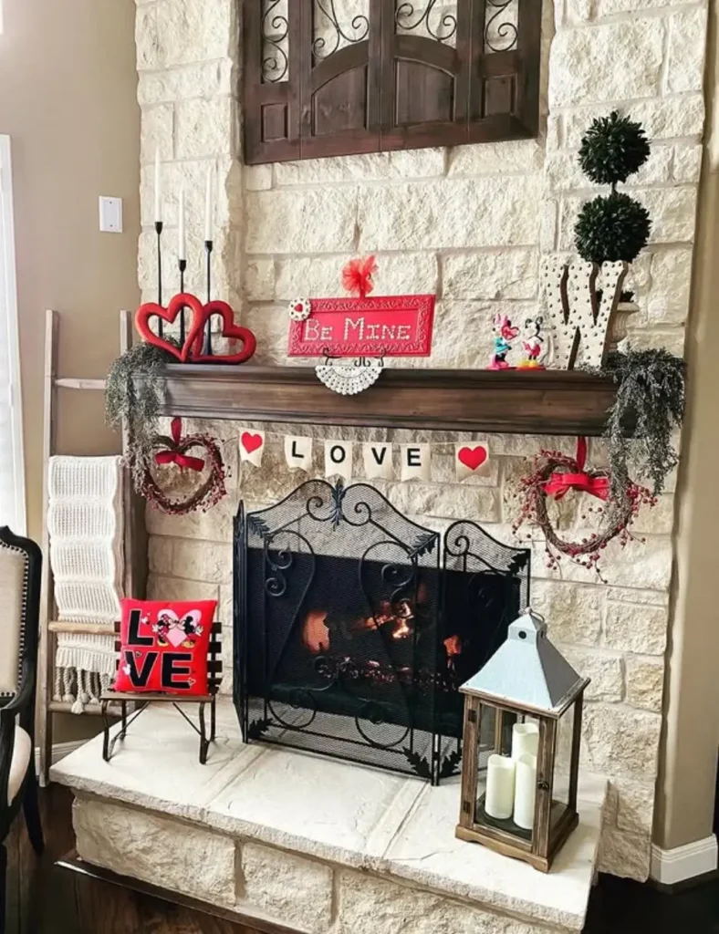 Rustic Valentine Mantel with Pops of Red