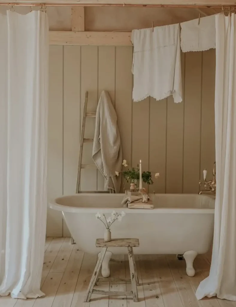 Add Wooden Ladder Storage. Farmhouse Bathroom Ideas