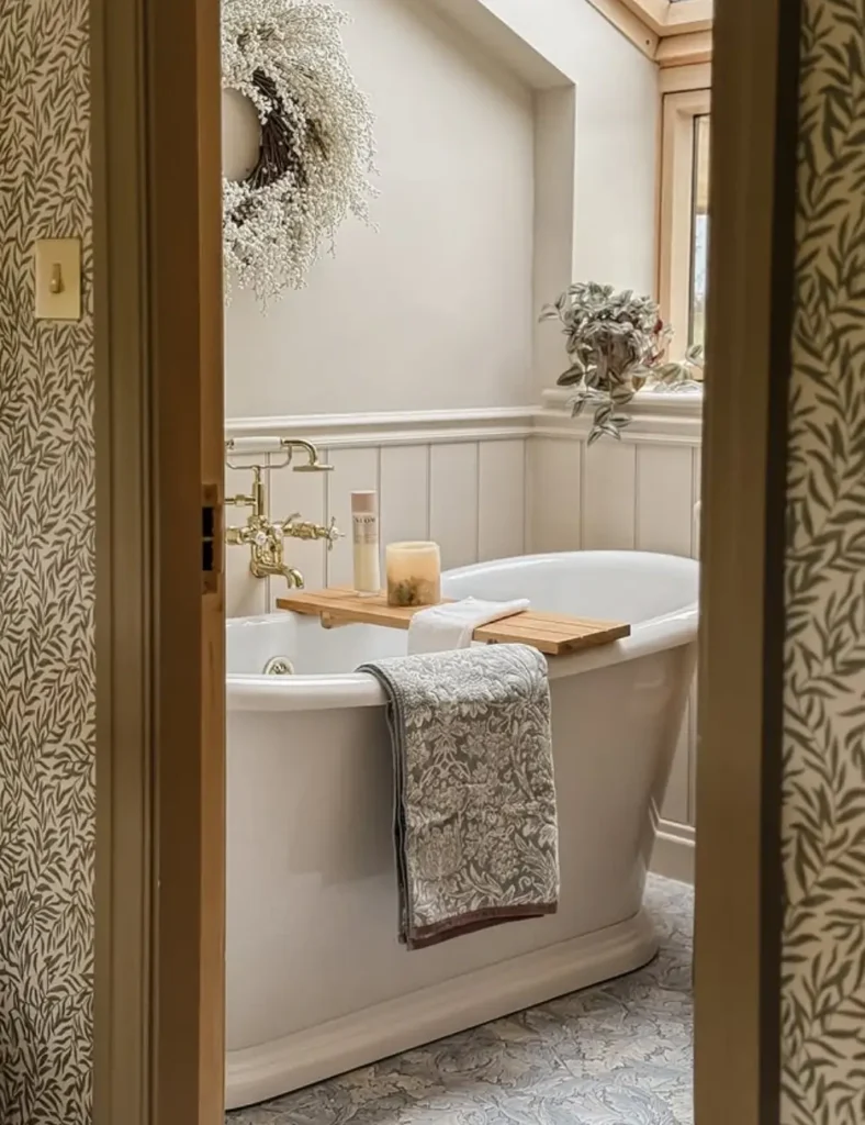 Add a wooden bath tray. Farmhouse Bathroom Ideas