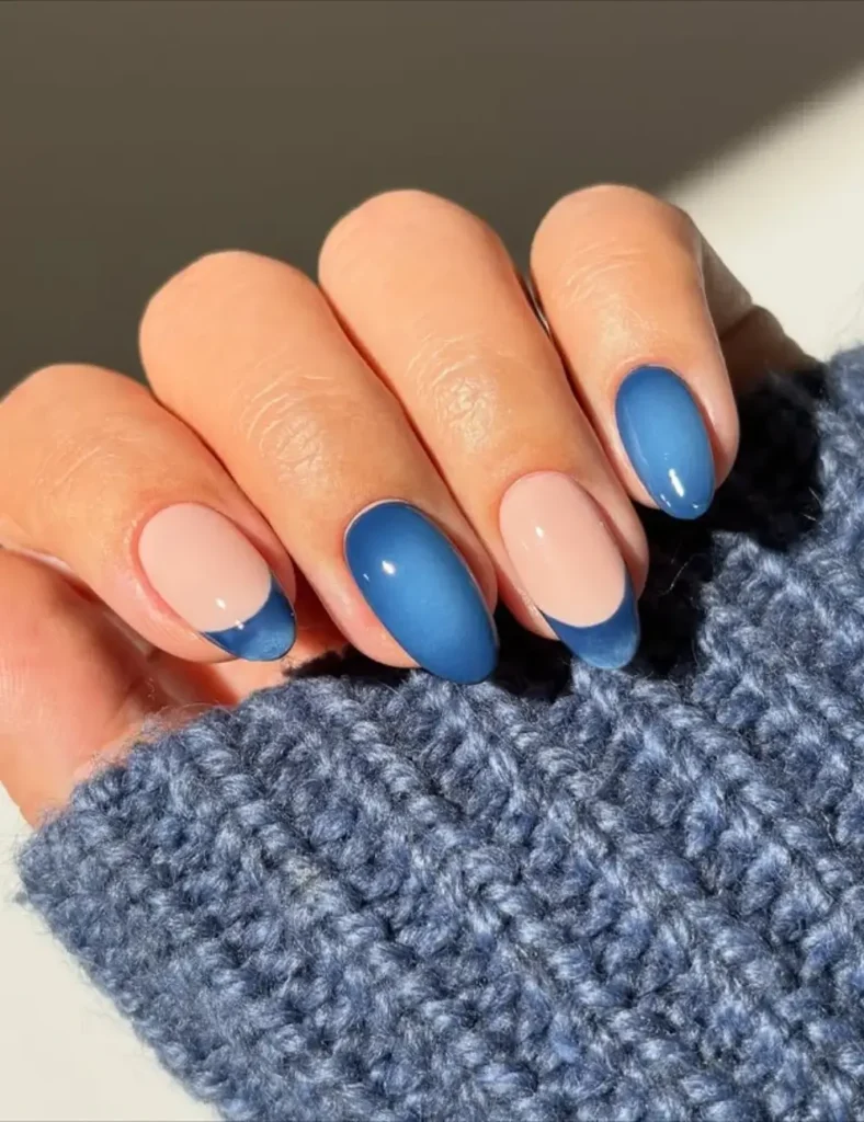 Denim Blue Half-Moon Tips. blue winter nails