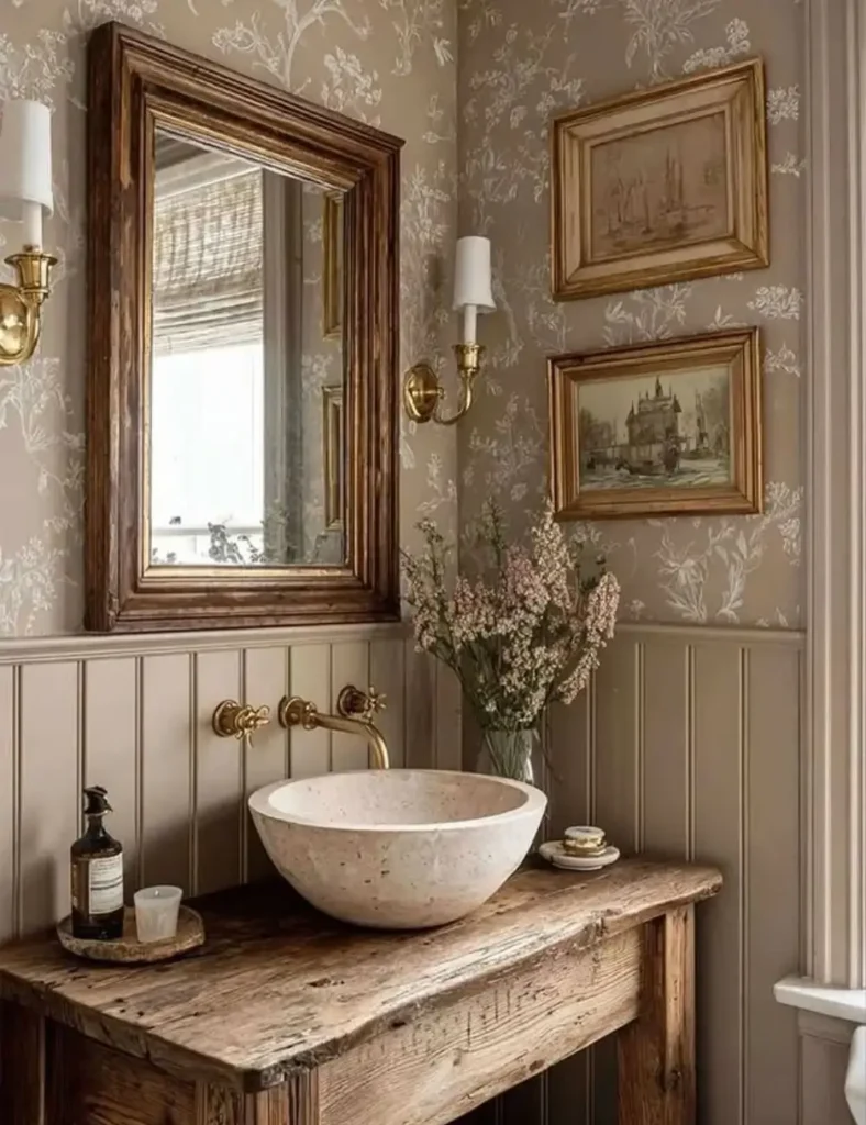 Layer Vintage-Framed Mirrors and Art for Character. Farmhouse Bathroom Ideas