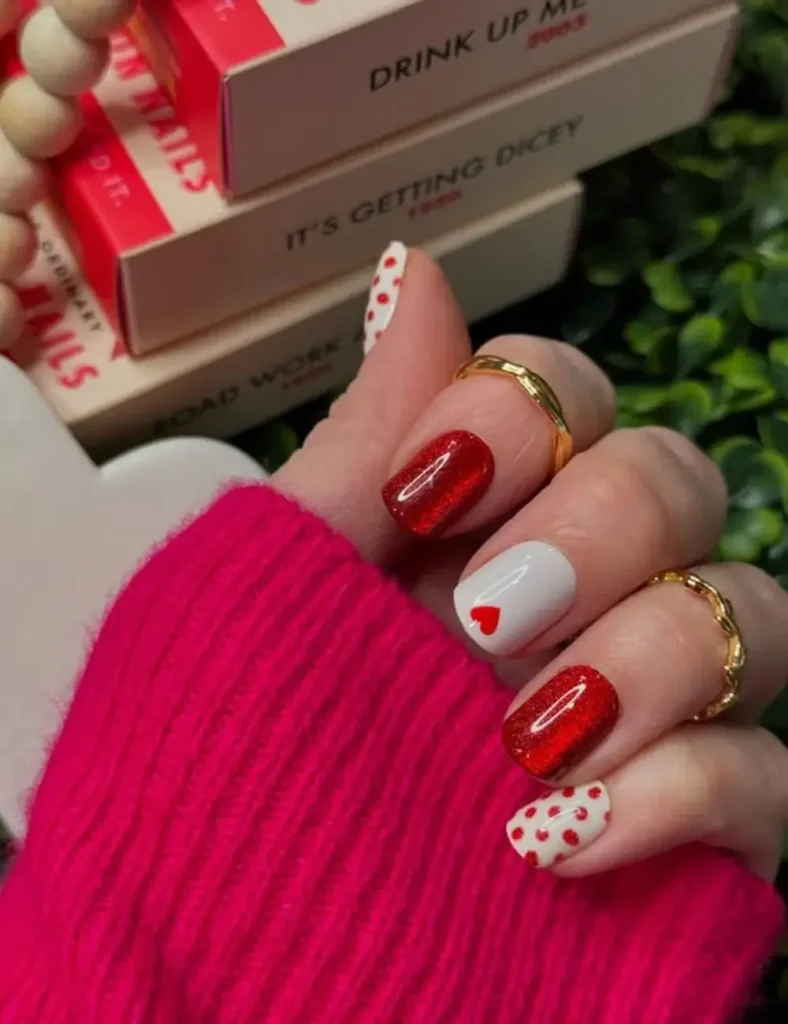 Polka Dots and Glossy Reds. Short Valentine’s Day Nail Ideas