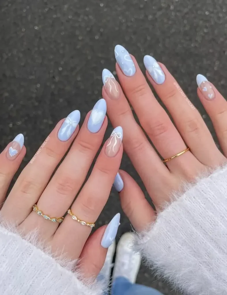 Powder Blue Bows. blue winter nails