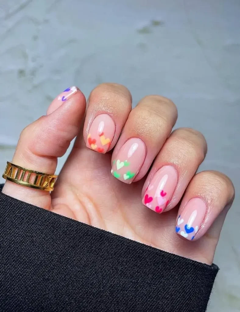 Rainbow Heart Tips. Short Valentine’s Day Nail Ideas