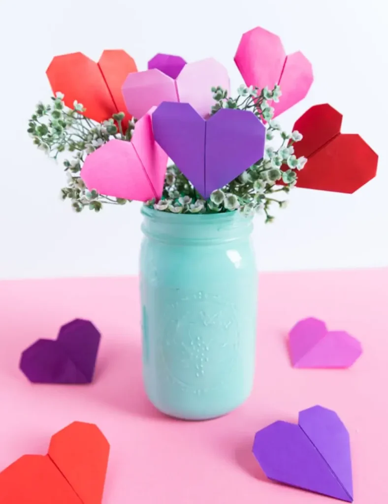 Simple Origami Heart Flower Bouquet. Valentine's Day Mason Jar Crafts