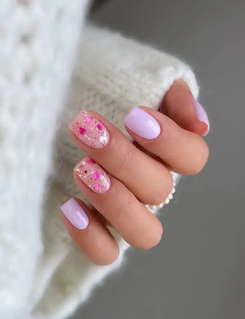 Soft Lilac With Confetti Hearts. Short Valentine’s Day Nail Ideas