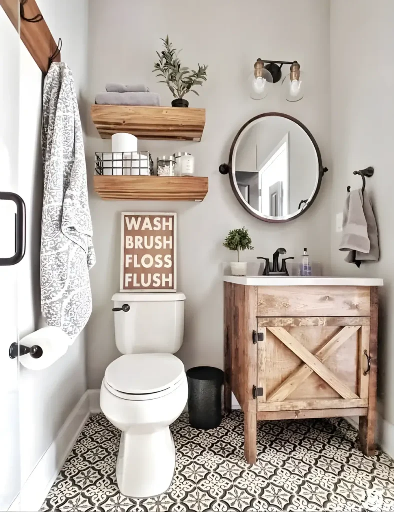 Style Simple Wooden Shelves for Everyday Storage. Farmhouse Bathroom Ideas