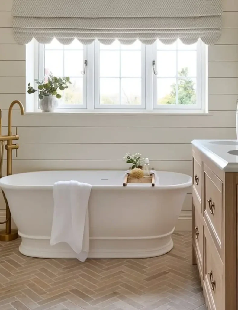 Use Scalloped Fabric Blinds to Soften Clean Lines. Farmhouse Bathroom Ideas