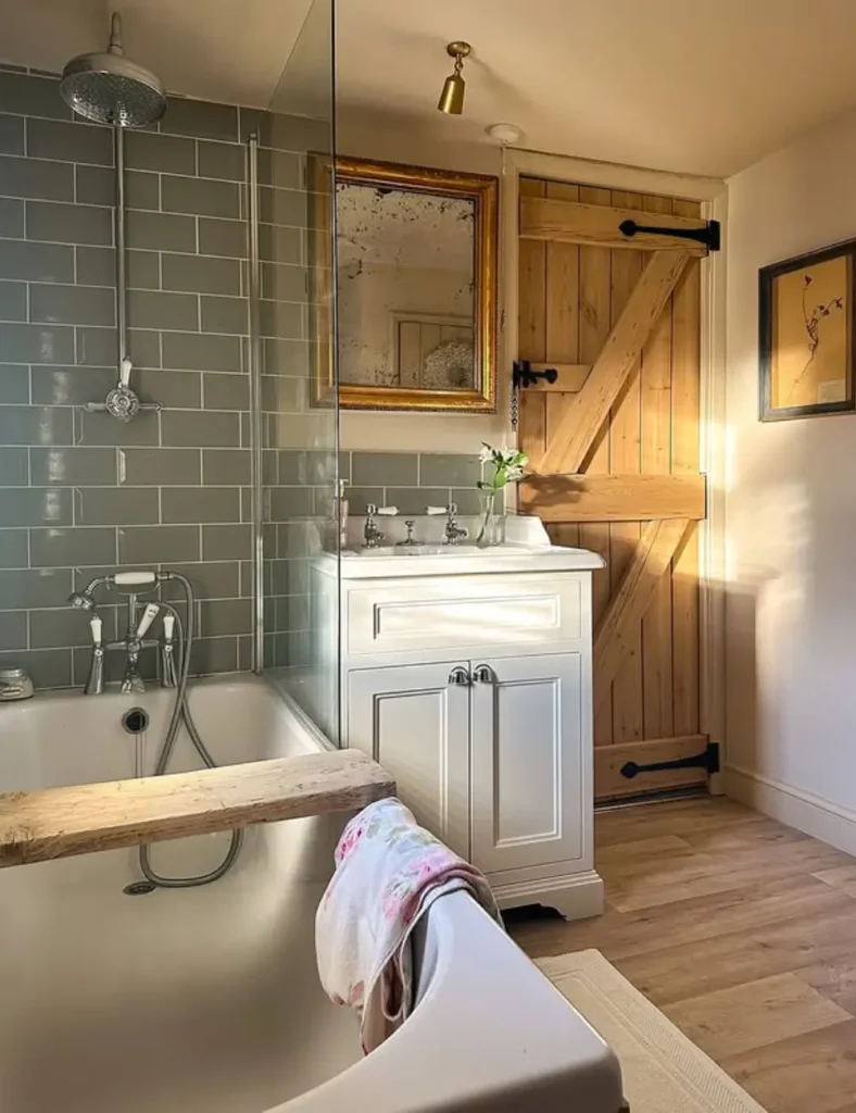 Use a Classic Hinged Barn-Style Door. Farmhouse Bathroom Ideas
