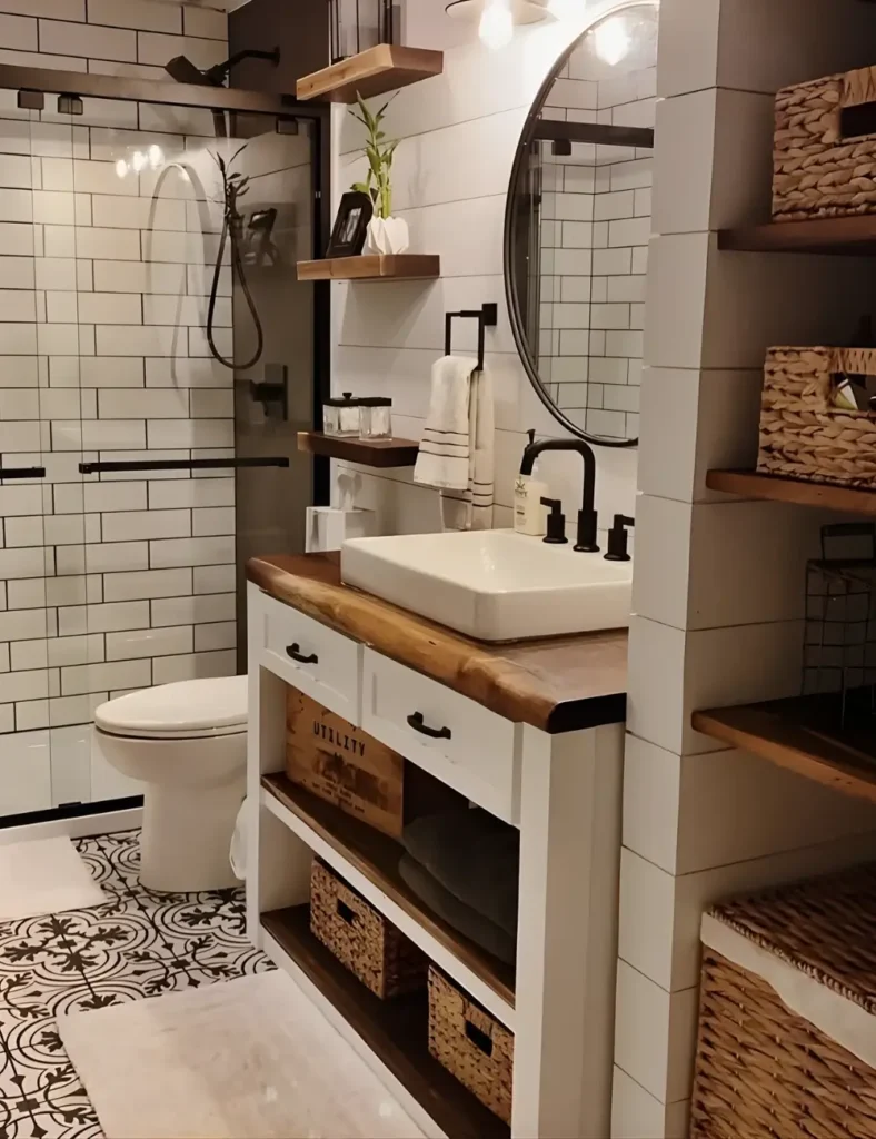 Use wicker storage basket. Farmhouse Bathroom Ideas