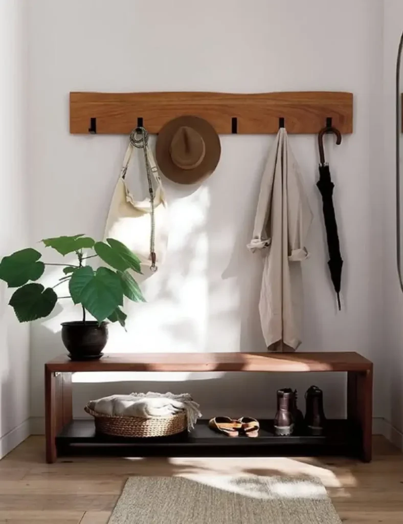Warm Wood + Wall Hooks Combo. Entryway Bench Ideas