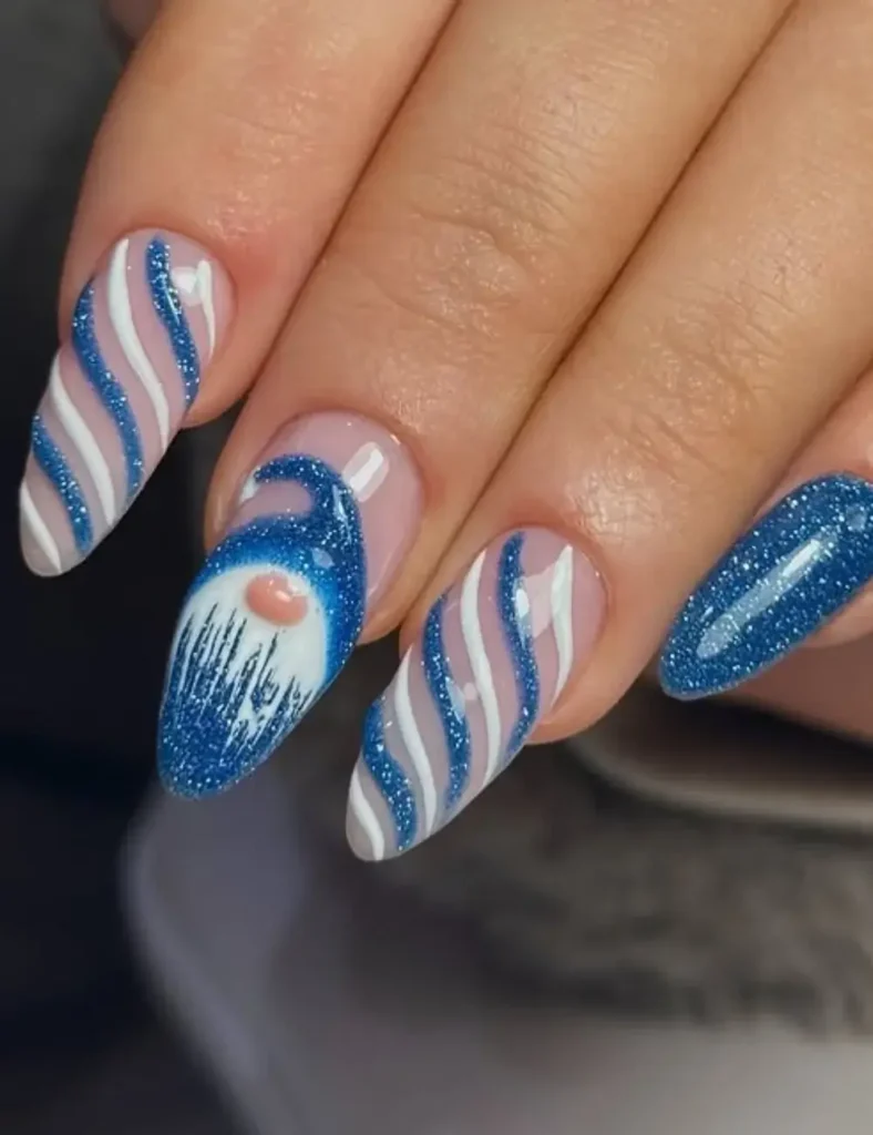 blue winter nails with a gnome