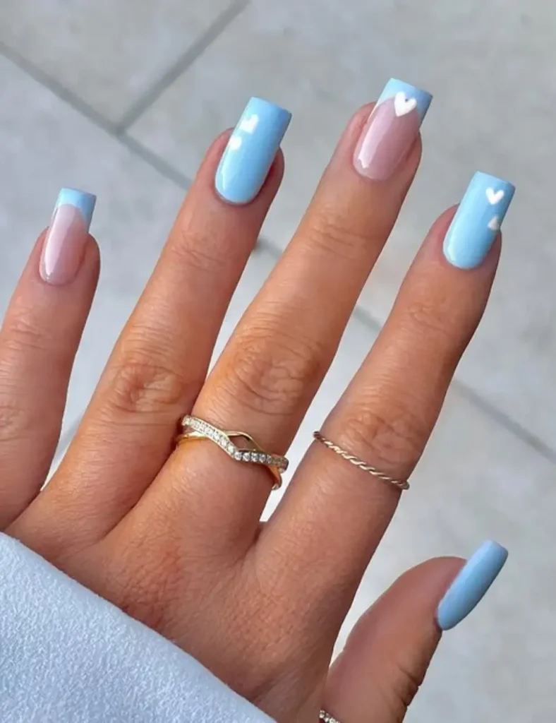 blue winter nails with hearts